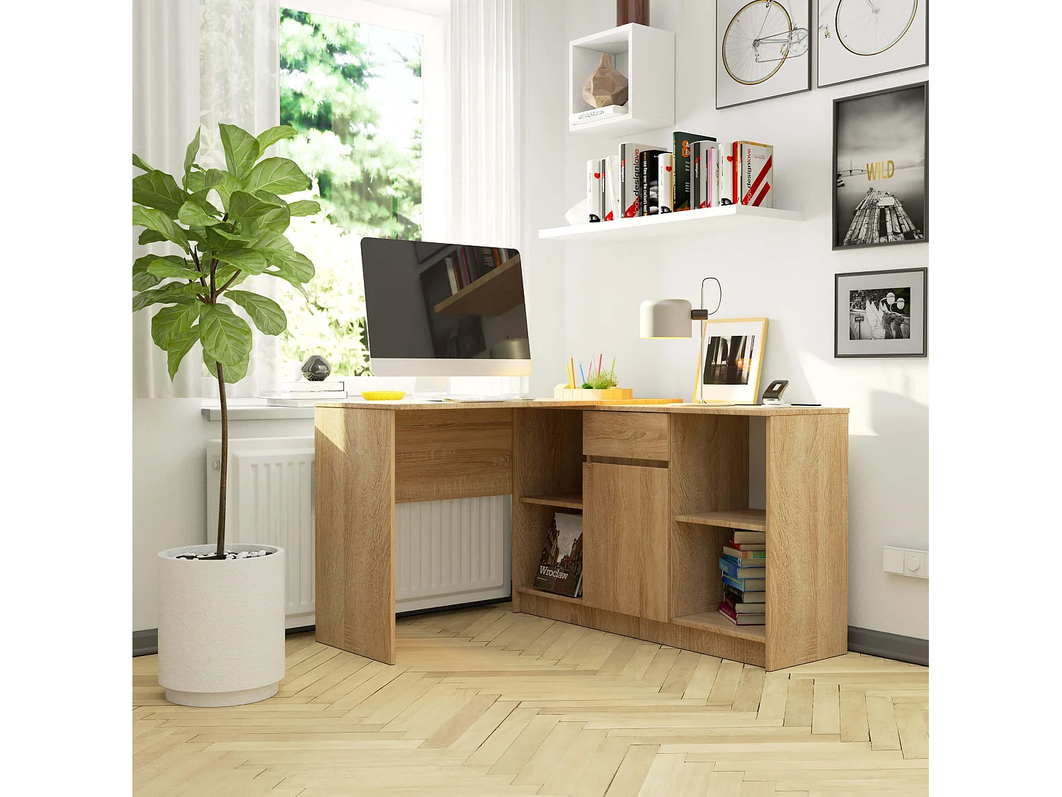 Ensemble d'angle AKORD bureau B17 avec commode Chêne Sonoma 120 cm 1 porte 1 tiroir façade Chêne Sonoma 6 étagères 120x126x79 cm