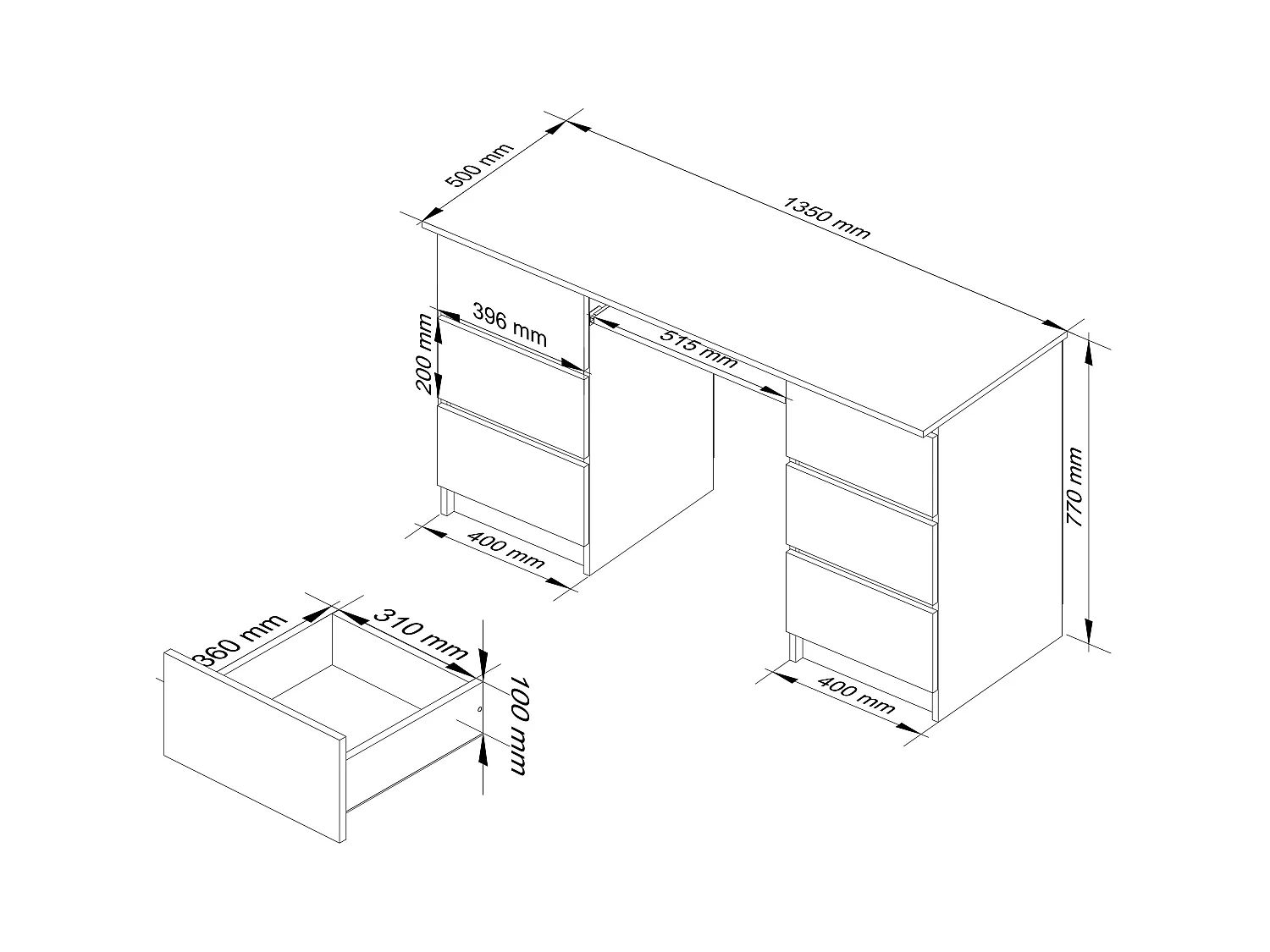 Bureau d'ordinateur AKORD A11 Aulne 135 cm 6 tiroirs façade Aulne 135x50x77 cm