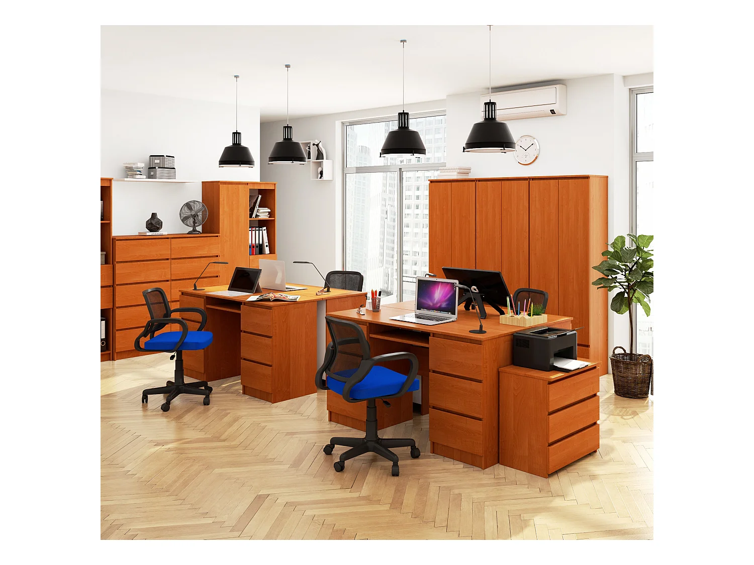 Bureau d'ordinateur AKORD A11 Aulne 135 cm 6 tiroirs façade Aulne 135x50x77 cm