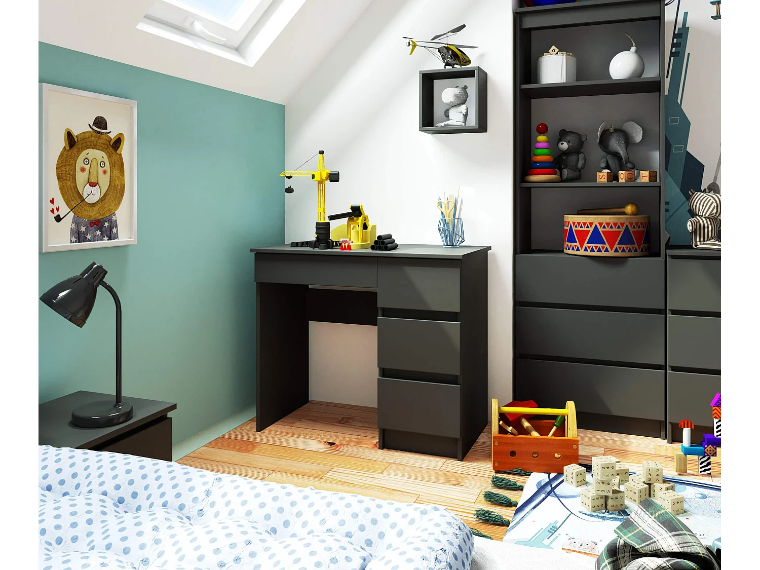 Bureau d'ordinateur AKORD droit A7 Gris Graphite 90 cm 4 tiroirs façade Gris Graphite 90x50x77 cm