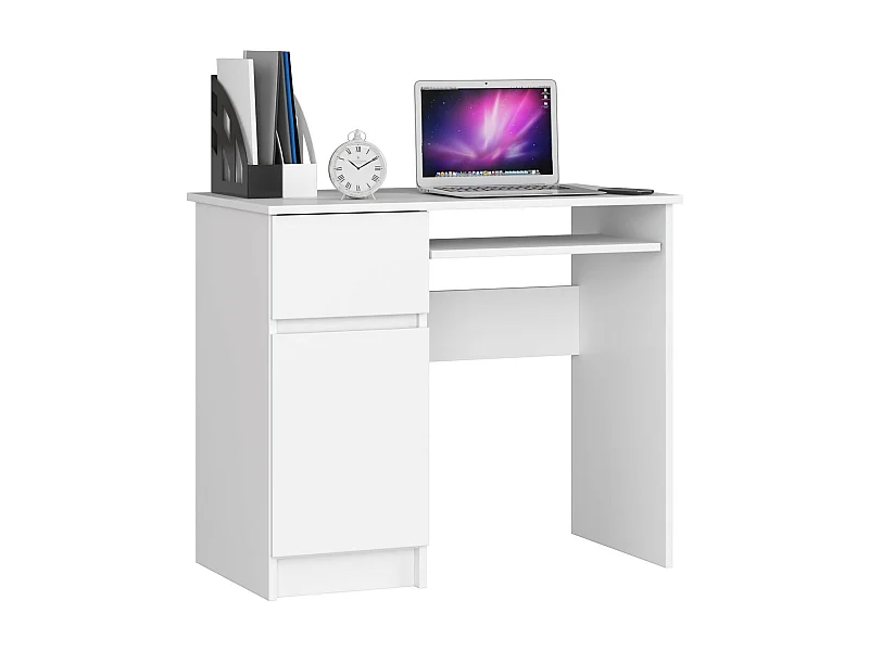 PC-Schreibtisch AKORD PIKSEL links in der Farbe Weiß Schublade und 3 Ablagen B90 x H77 x T50 cm