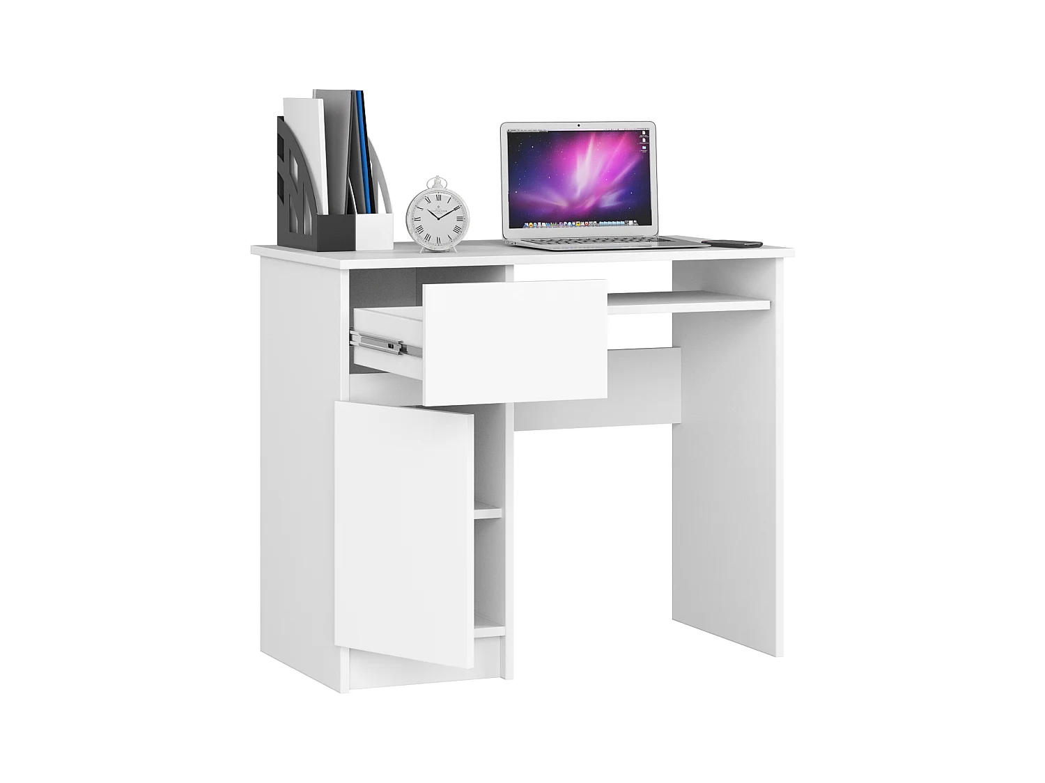 Linker Computertafel Piksel Wit - Met Lades en Uitklapbaar Toetsenbordplank