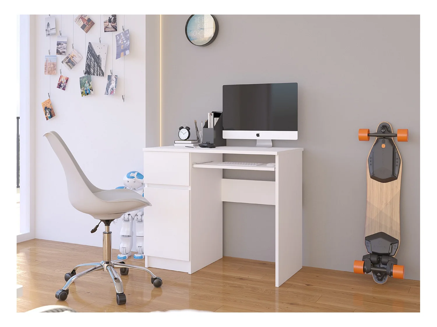 Linker Computertafel Piksel Wit - Met Lades en Uitklapbaar Toetsenbordplank