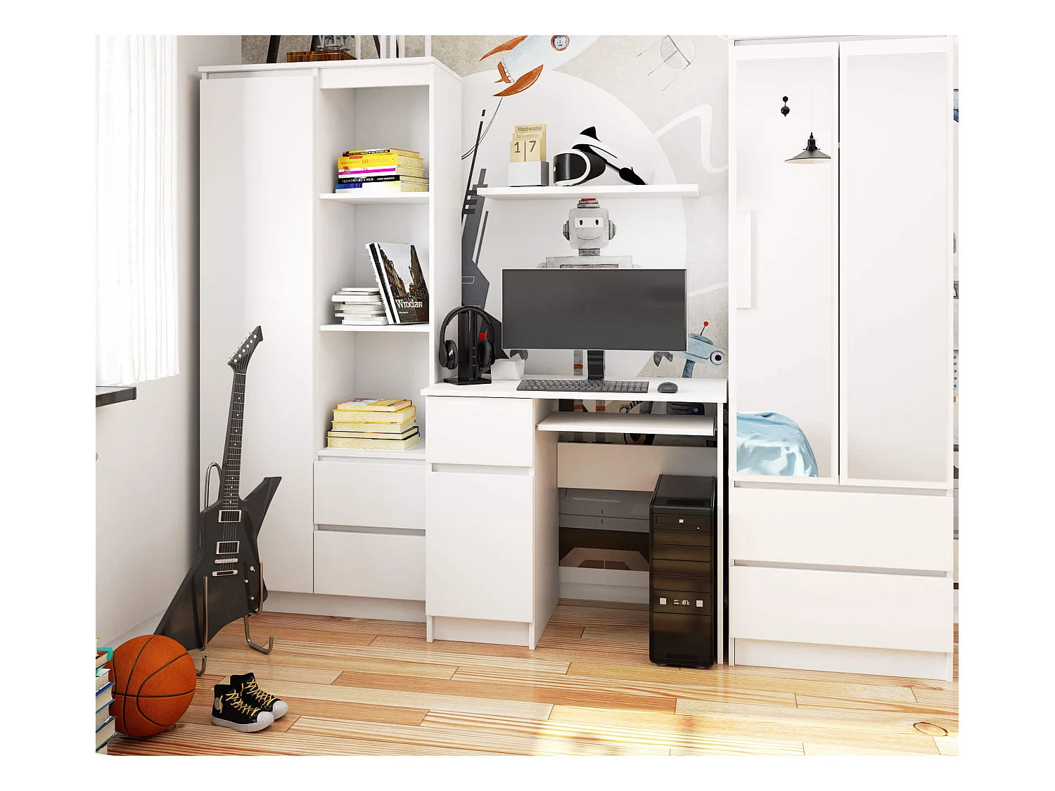 Linker Computertafel Piksel Wit - Met Lades en Uitklapbaar Toetsenbordplank