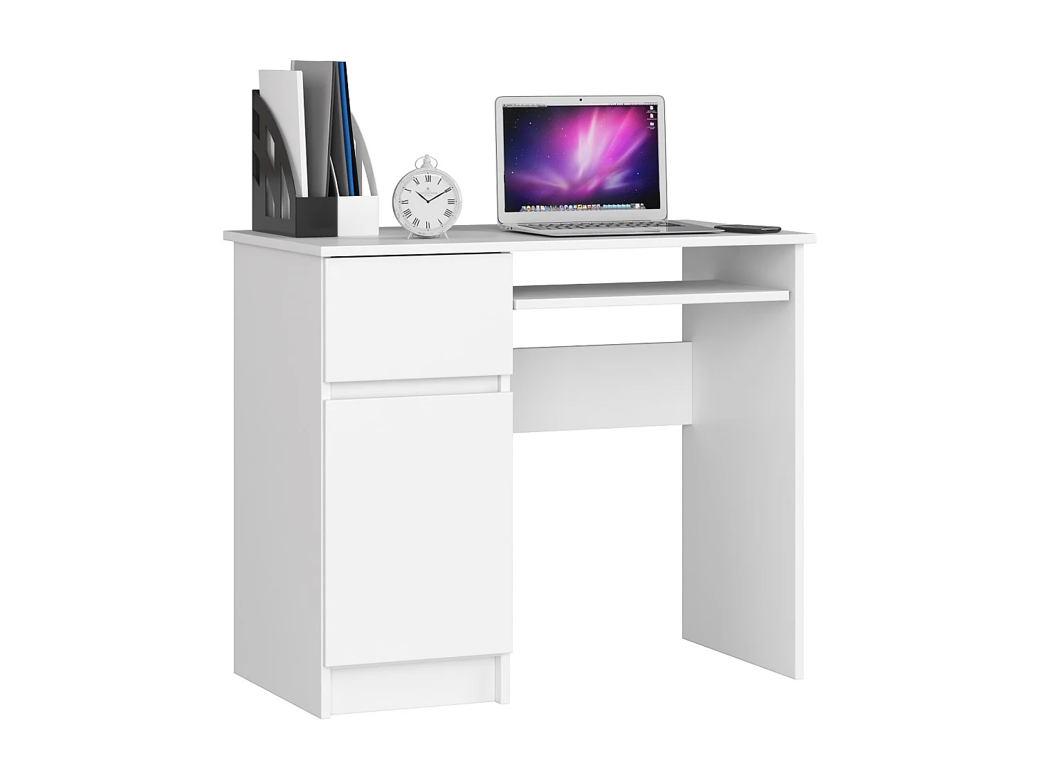 Bureau d'ordinateur AKORD gauche PIKSEL Blanc 90 cm 1 porte 1 tiroir façade Blanche 3 étagères 90x50x77 cm