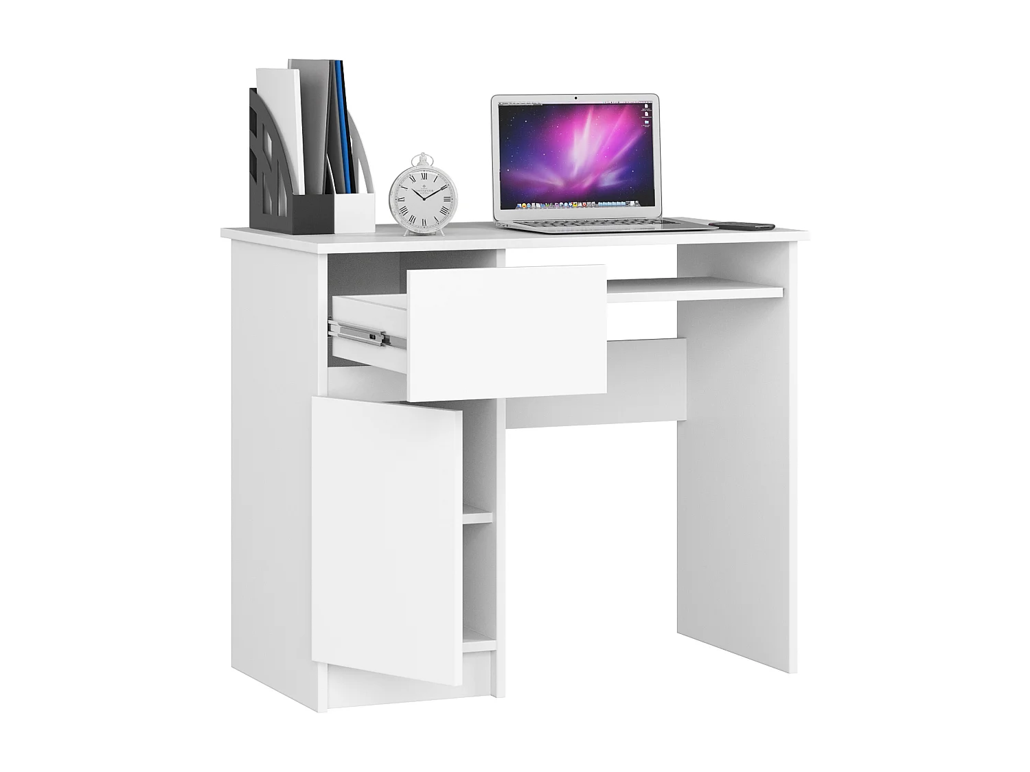 Bureau d'ordinateur AKORD gauche PIKSEL Blanc 90 cm 1 porte 1 tiroir façade Blanche 3 étagères 90x50x77 cm
