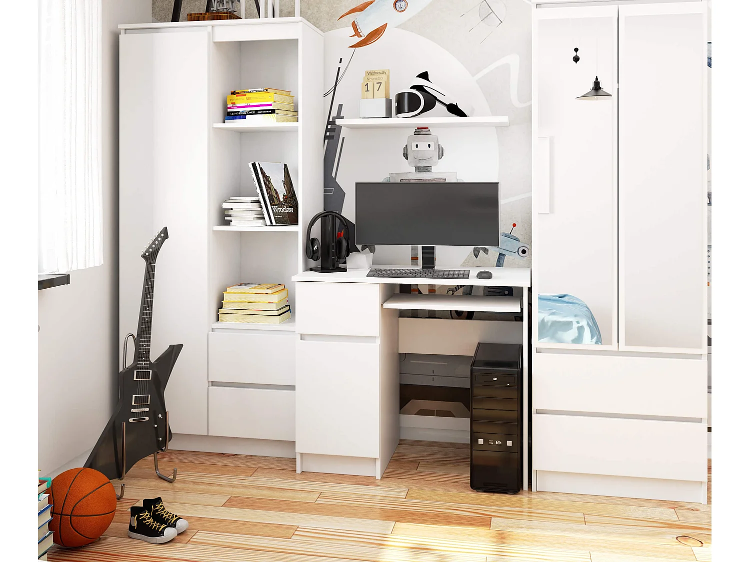 Bureau d'ordinateur AKORD gauche PIKSEL Blanc 90 cm 1 porte 1 tiroir façade Blanche 3 étagères 90x50x77 cm