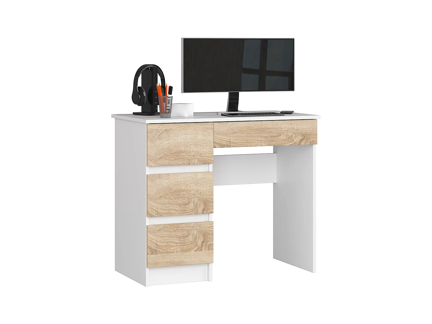 Bureau d'ordinateur AKORD gauche A7 Blanc 90 cm 4 tiroirs façade Chêne Sonoma 90x50x77 cm
