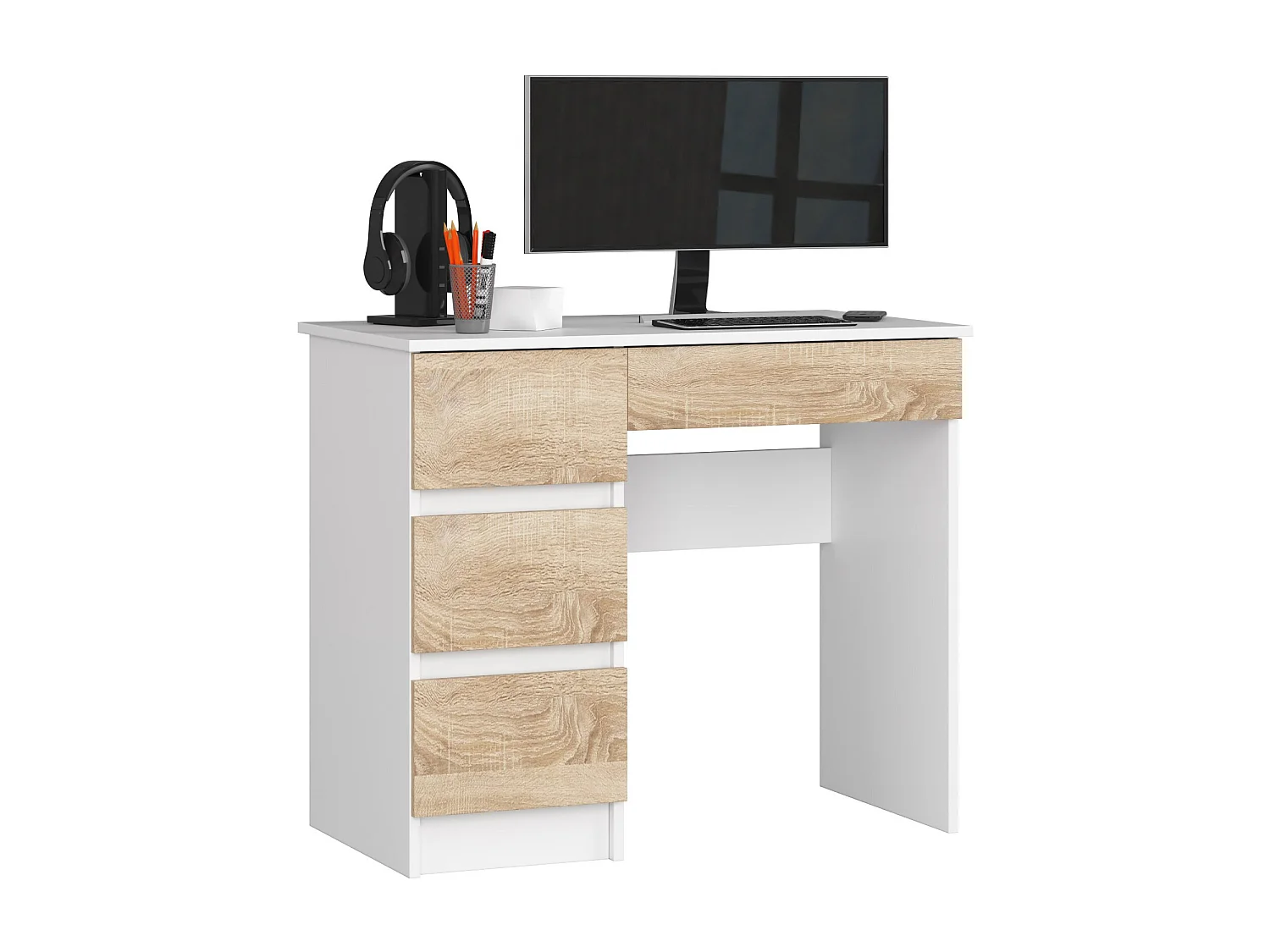 Bureau d'ordinateur AKORD gauche A7 Blanc 90 cm 4 tiroirs façade Chêne Sonoma 90x50x77 cm