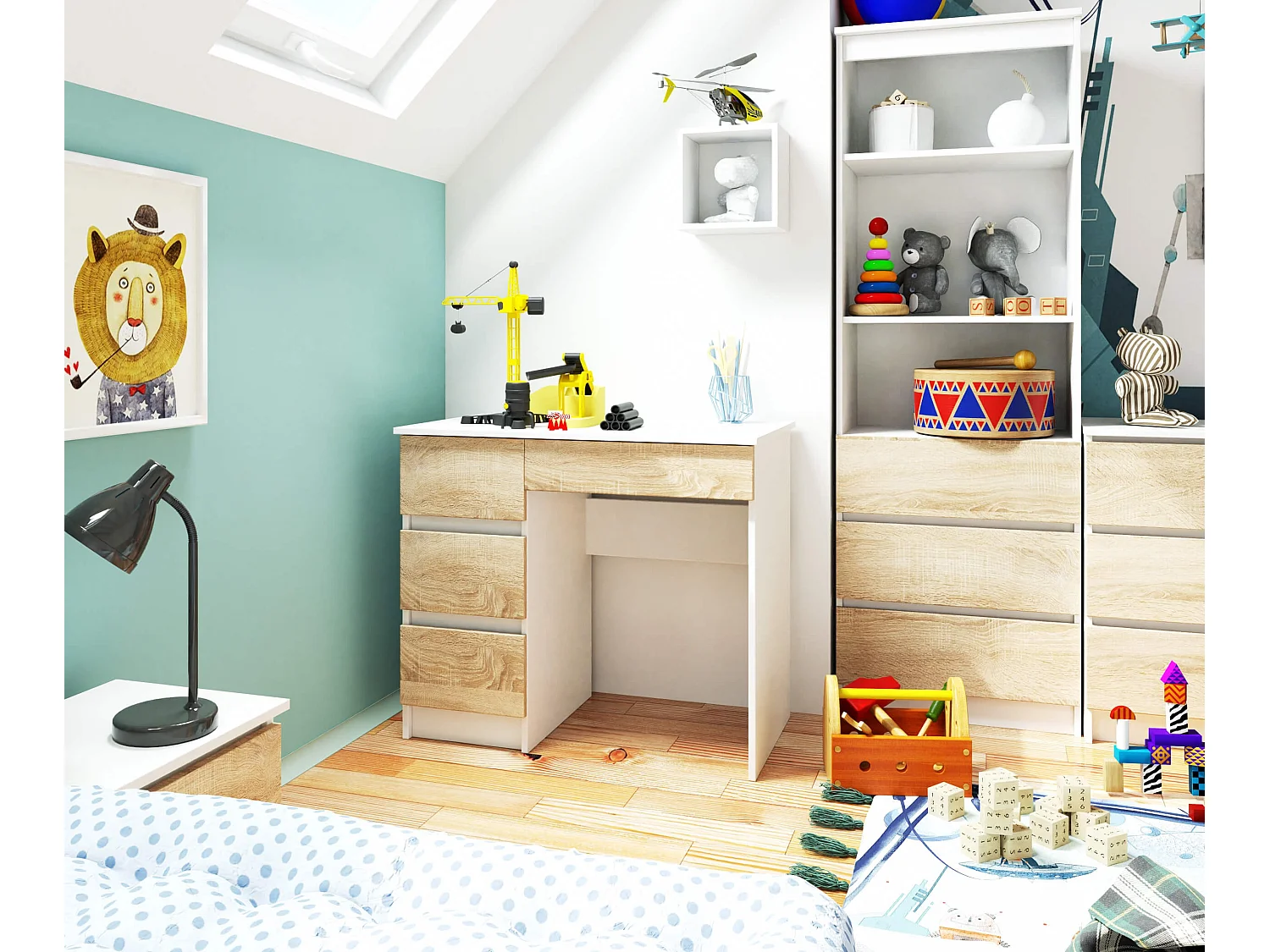 Bureau d'ordinateur AKORD gauche A7 Blanc 90 cm 4 tiroirs façade Chêne Sonoma 90x50x77 cm