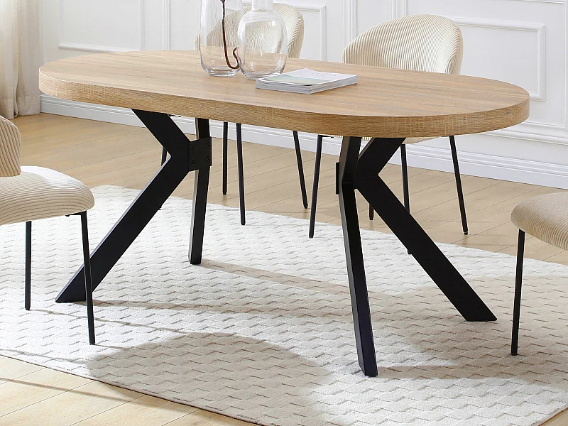 Table à manger 6 personnes en MDF et acier - Naturel clair et Noir - KOMONI