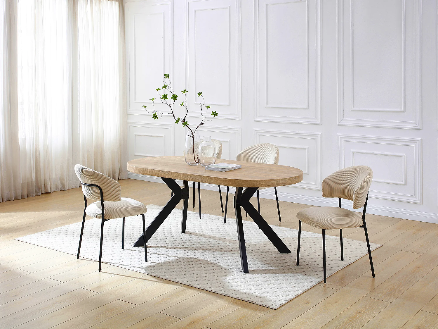 Table à manger 6 personnes en MDF et acier - Naturel clair et Noir - KOMONI