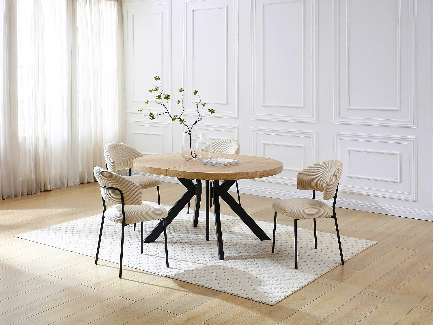 Table à manger extensible 6 à 12 couverts en MDF et acier - Naturel clair et Noir - KOMONI