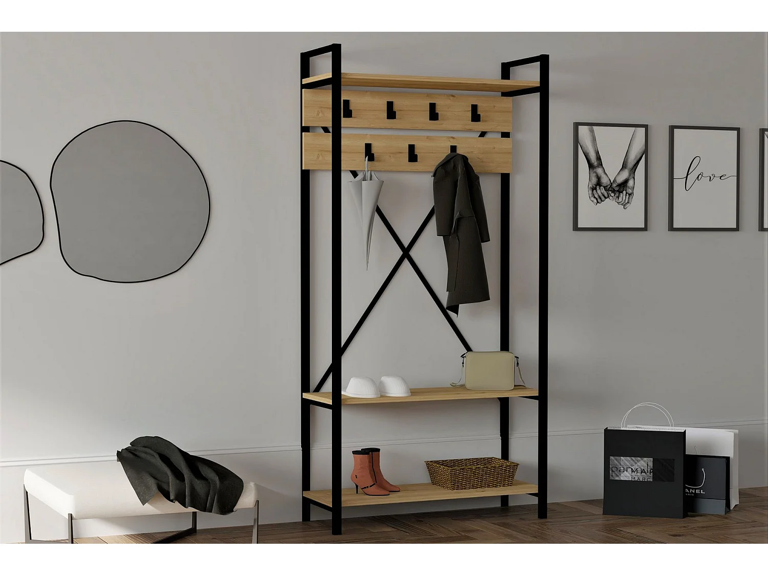 Conjunto pasillo Kailua 179, 180x90x30cm, Roble|Negro, Aglomerado laminado, Colocada