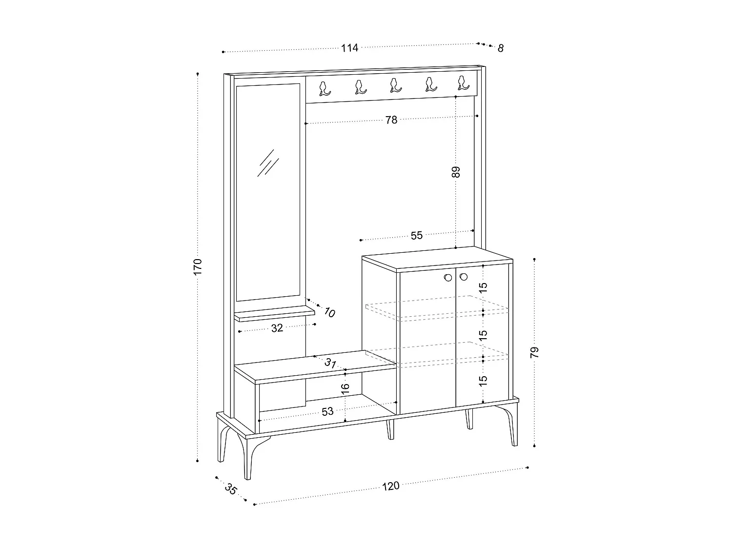 Meuble d'entrée avec miroir Shader H170cm Chêne clair