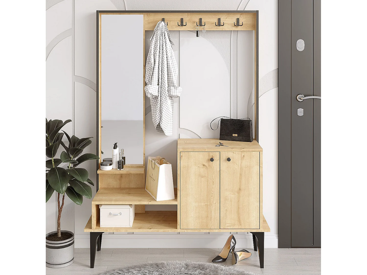 Meuble d'entrée avec miroir Shader H170cm Chêne clair