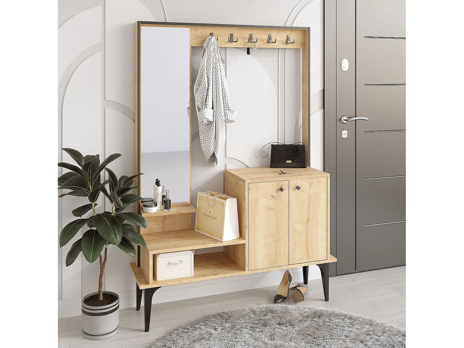 Meuble d'entrée avec miroir Shader H170cm Chêne clair