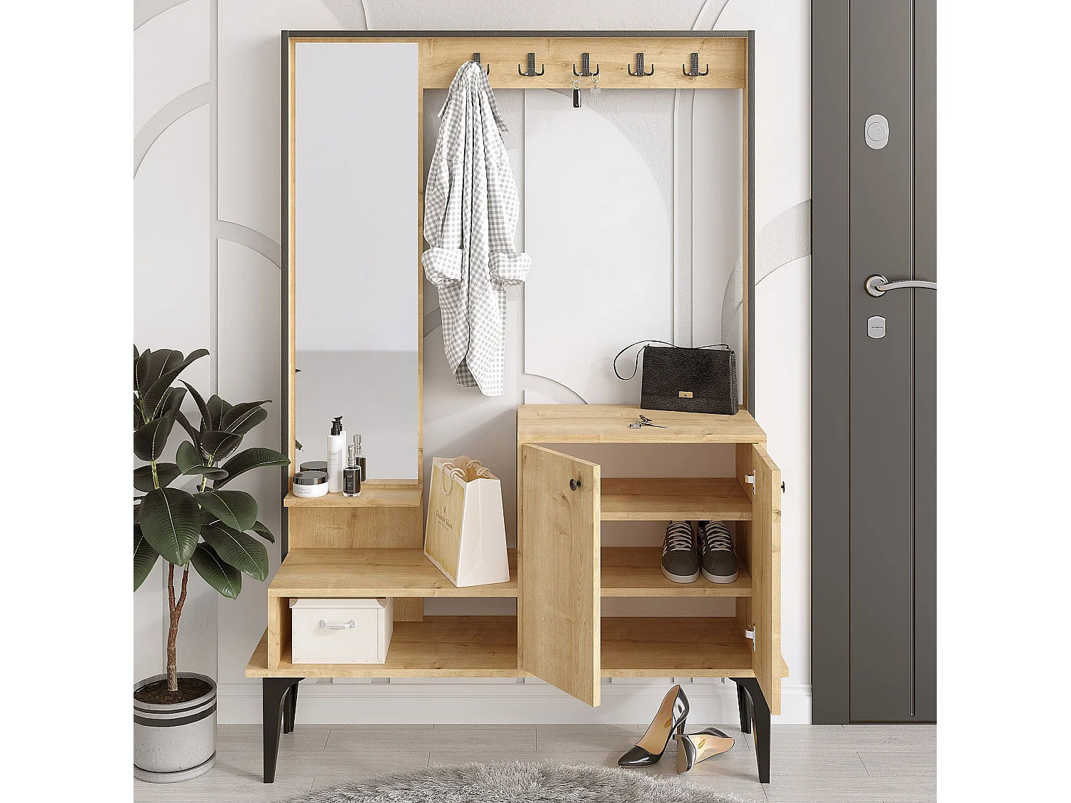Meuble d'entrée avec miroir Shader H170cm Chêne clair