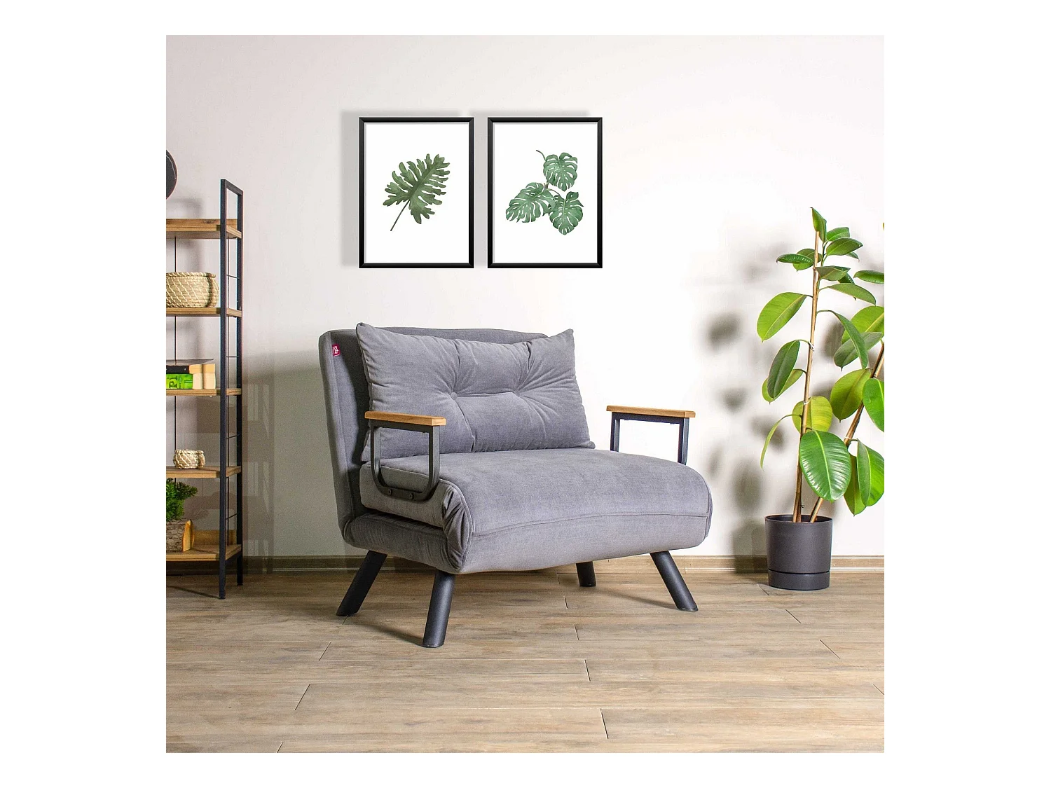 Fauteuil convertible Yolanda Métal Noir et Tissu Gris