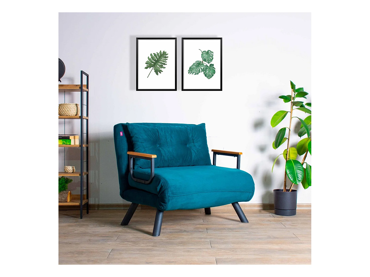 Fauteuil convertible Yolanda Métal Noir et Tissu Bleu canard
