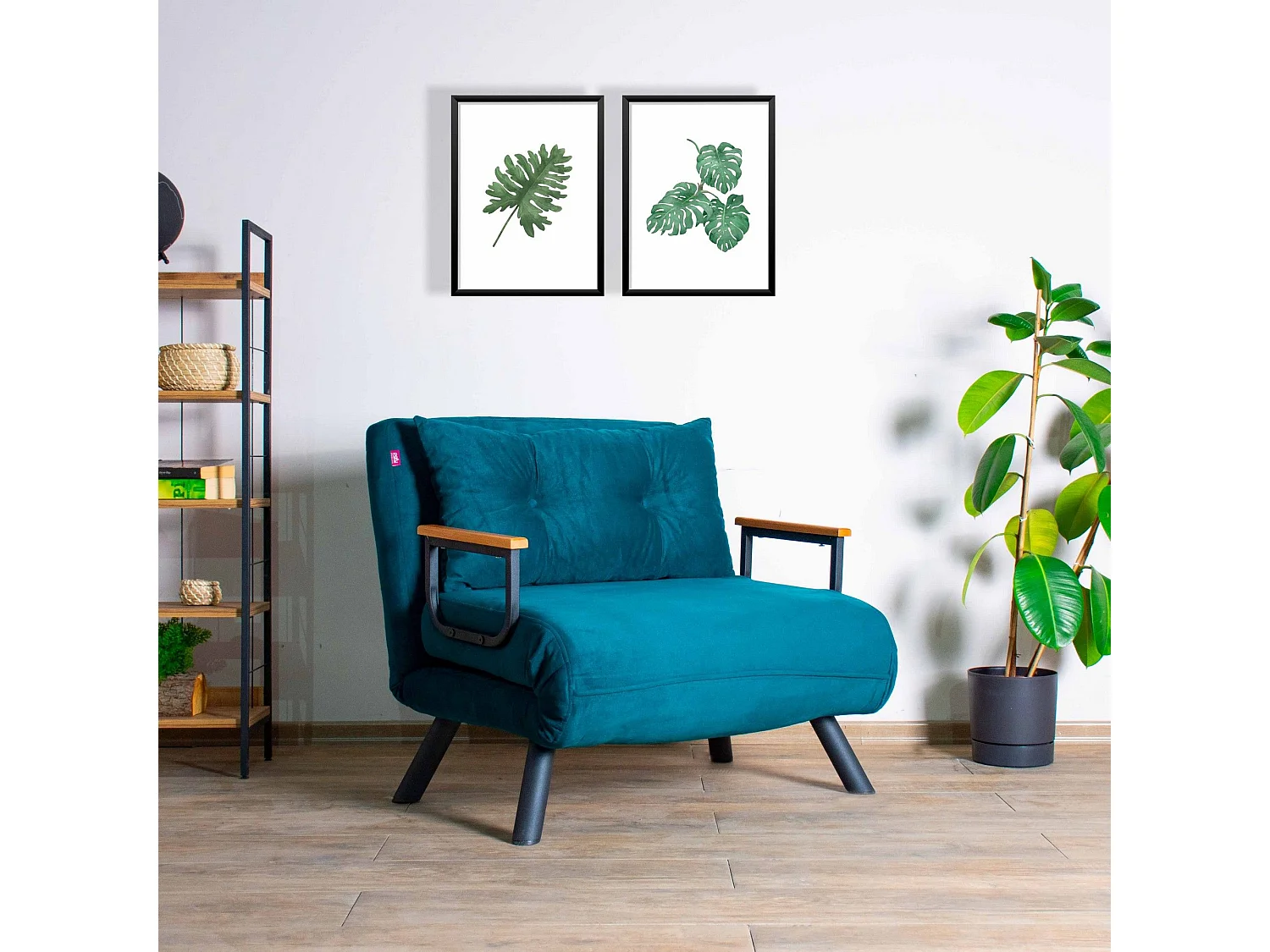 Fauteuil convertible Yolanda Métal Noir et Tissu Bleu canard