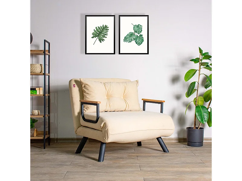 Fauteuil convertible Yolanda Métal Noir et Tissu Beige