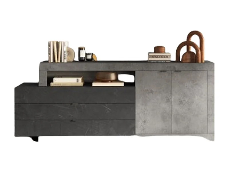 Buffet DOMI - 2 deuren en 3 laden - Betoneffect en antracietgrijs - Modern en functioneel design