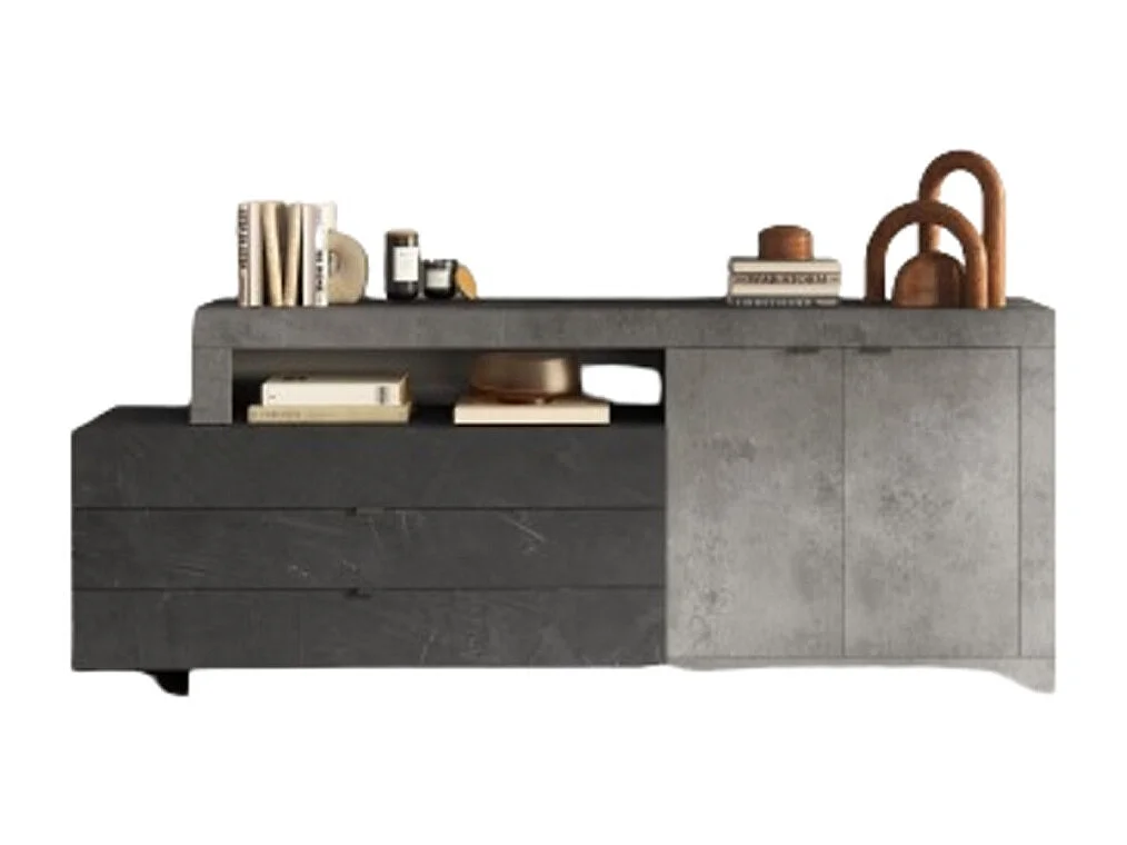 Buffet DOMI - 2 deuren en 3 laden - Betoneffect en antracietgrijs - Modern en functioneel design