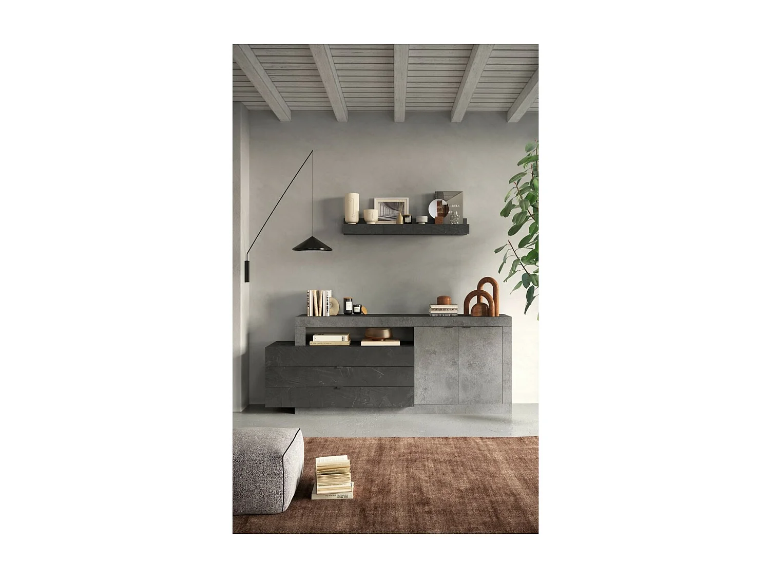 Buffet DOMI - 2 deuren en 3 laden - Betoneffect en antracietgrijs - Modern en functioneel design