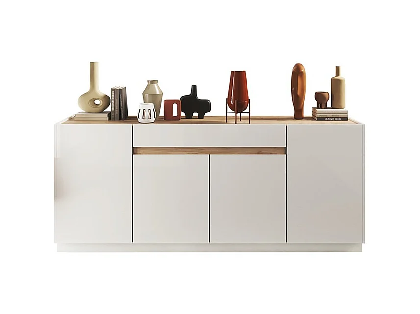 Buffet 4 portes 1 tiroir collection FANZY. Coloris blanc laqué & chêne Cadiz