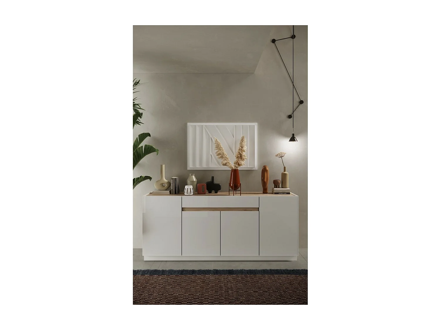 Buffet de 4 puertas y 1 cajón colección FANZY. Color blanco lacado y roble Cadiz.