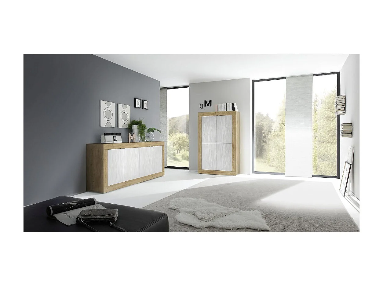 Design buffet met 4 deuren uit de ACCESS-collectie. Kleuren wit en licht eiken.