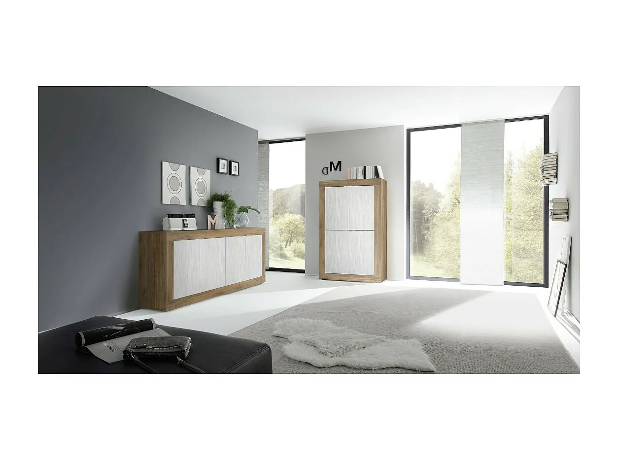 Buffet design com 4 portas em madeira coleção ACCESS. Cores branco e carvalho escuro.