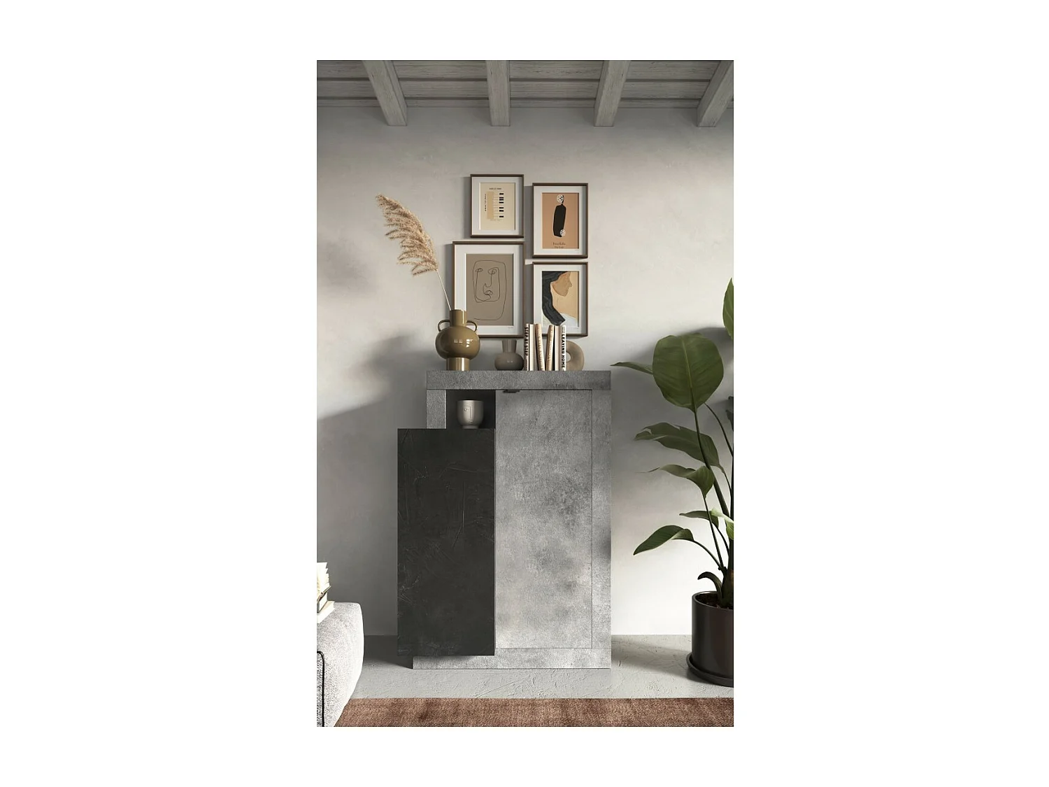 Buffet design com 2 portas coleção DOMI. Cor em efeito concreto e cinza antracite.