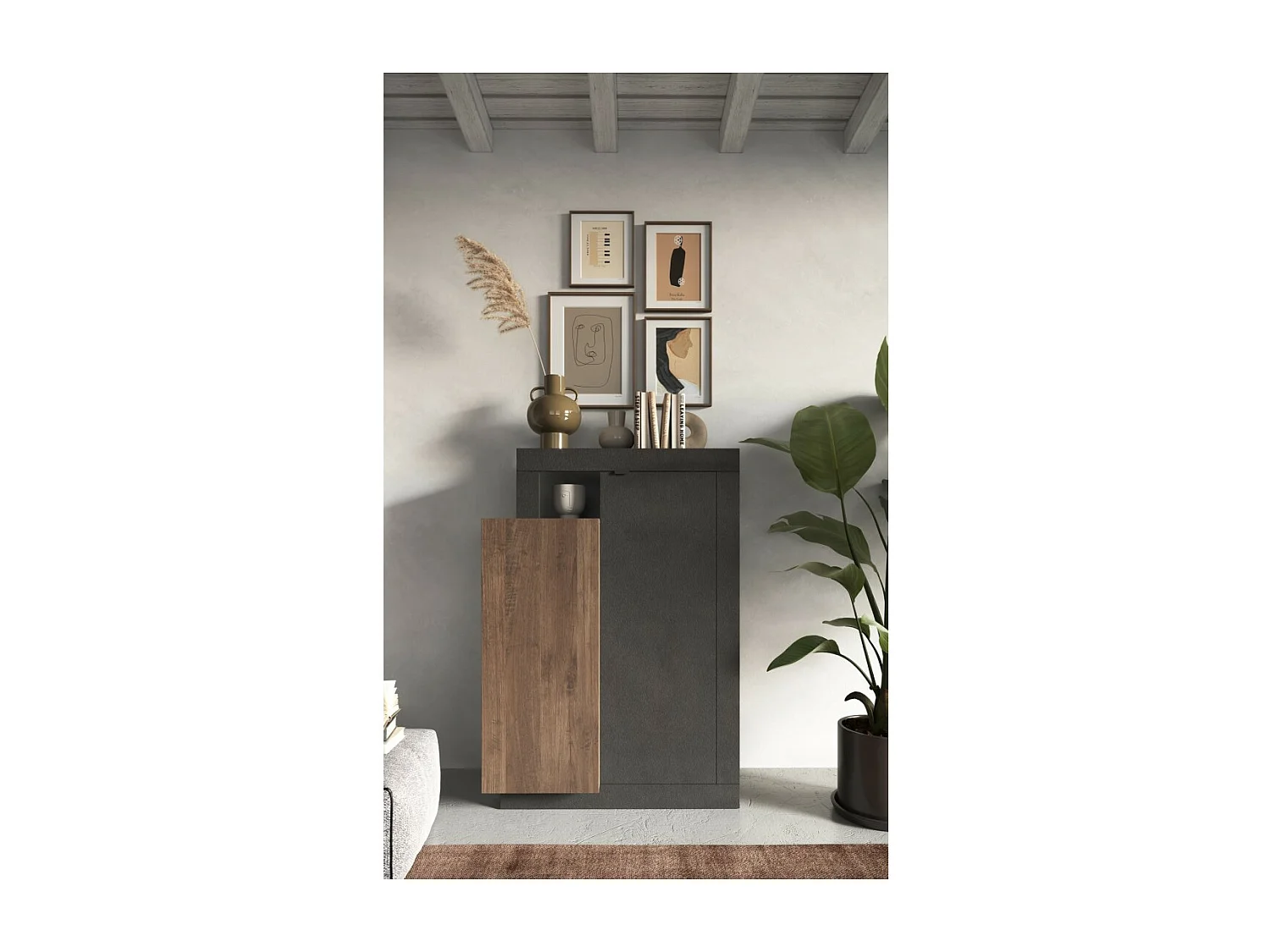Meuble TV 1 porte 2 tiroirs, collection DOMI, gris anthracite/chêne foncé, pour salon design
