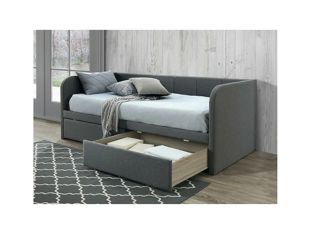 Slaapbank met twee laden uit de ZITO-collectie, 90x200 cm, in grijze kleur, inclusief lattenbodem.
