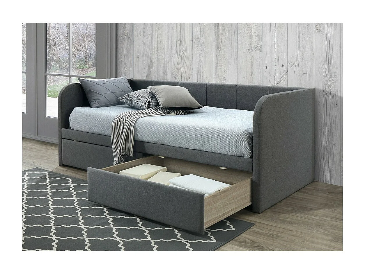 Canapé lit ZITO – 90x200 cm coloris gris avec deux tiroirs et sommier inclus