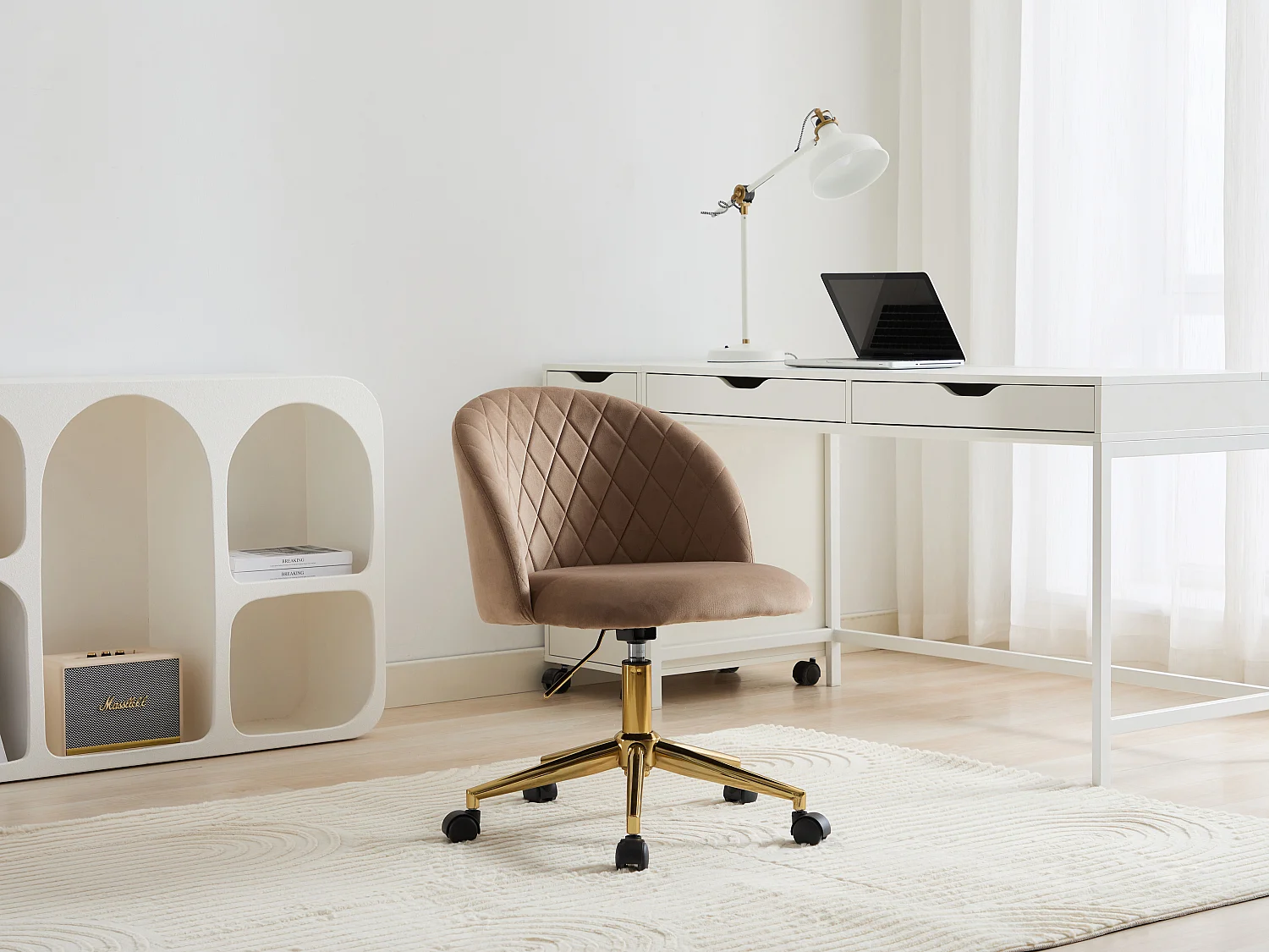 Chaise de bureau - Velours - Beige et doré - Hauteur réglable - PORIANI