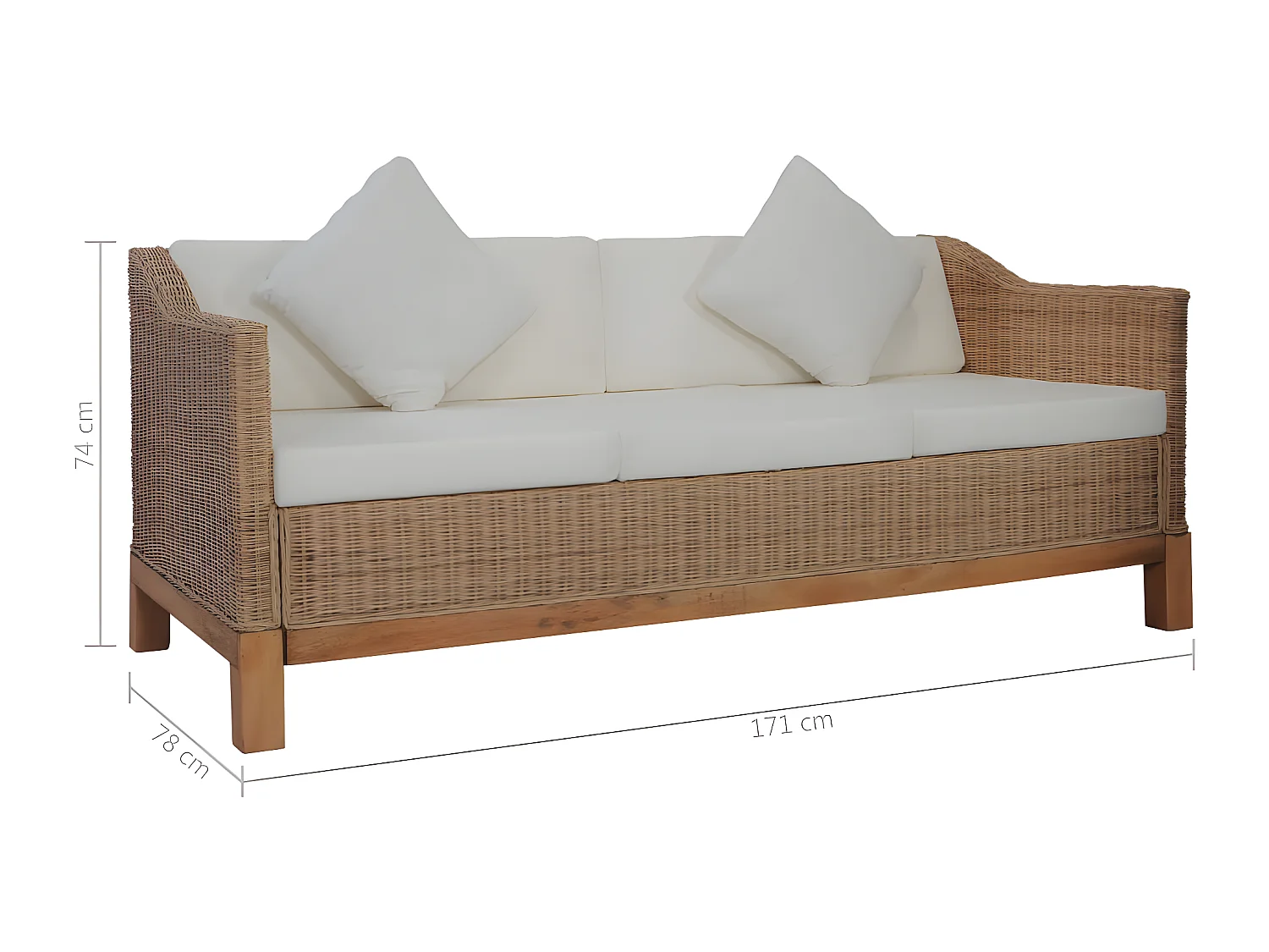 Canapé à 3 places avec coussins Rotin naturel