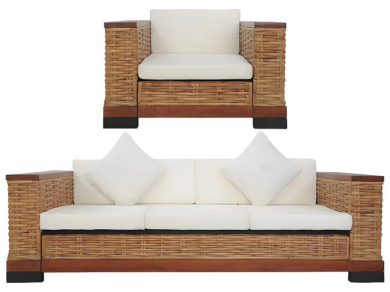 Conjunto de sofás 2 piezas con cojines Rattan Natural Marrón