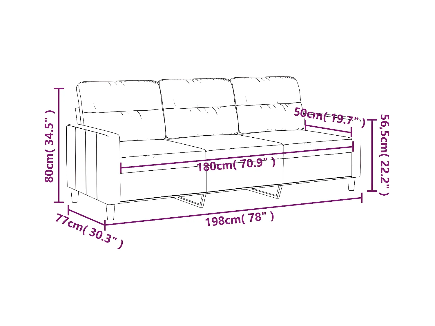 3-zitsbank Zwart 180 cm Stof