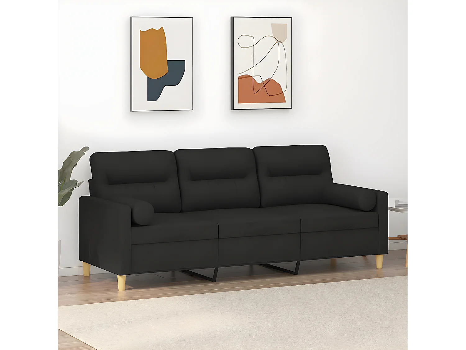 Canapé 3 places avec oreillers décoratifs noir 180 cm tissu