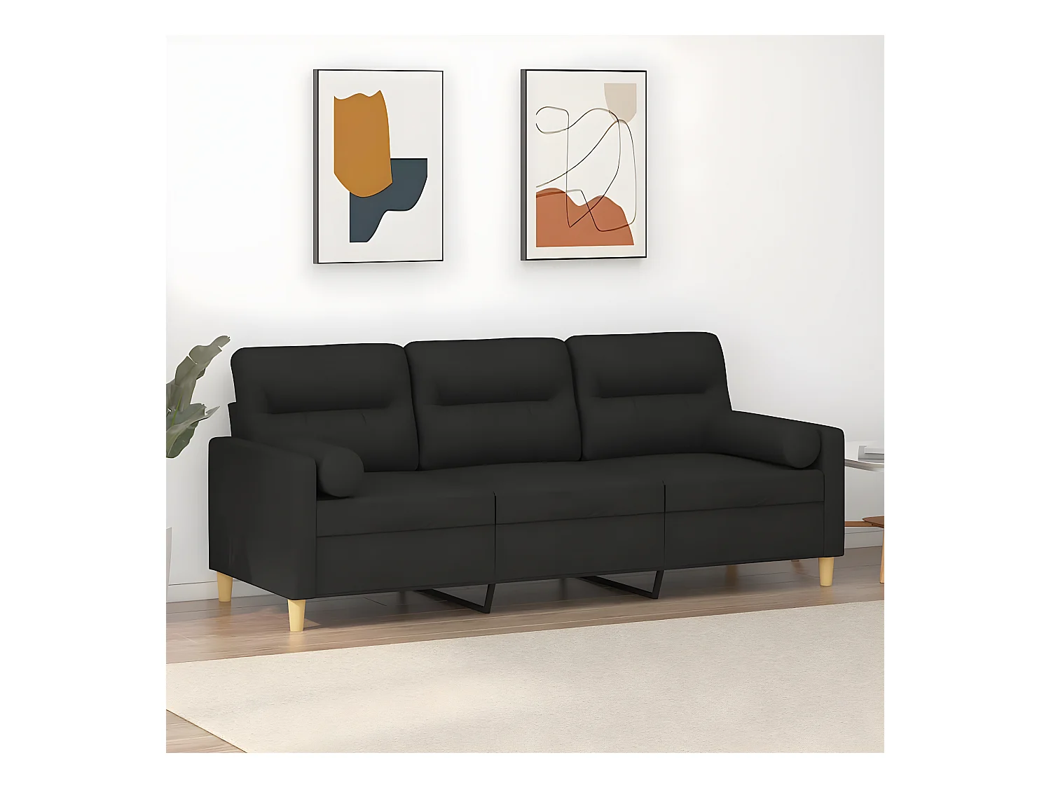 3-zitsbank met sierkussens zwart 180 cm stof