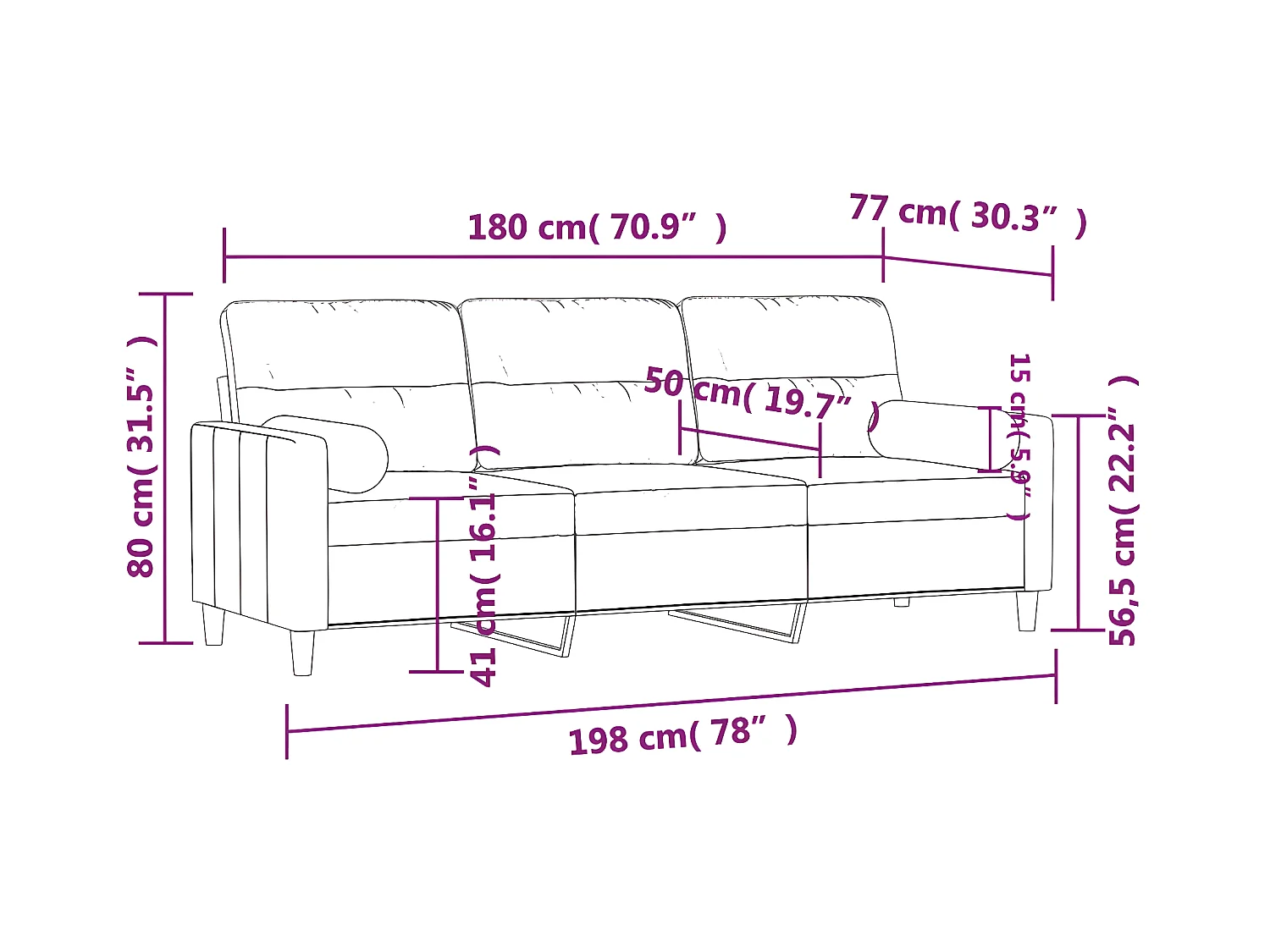 Canapé 3 places avec oreillers décoratifs noir 180 cm tissu