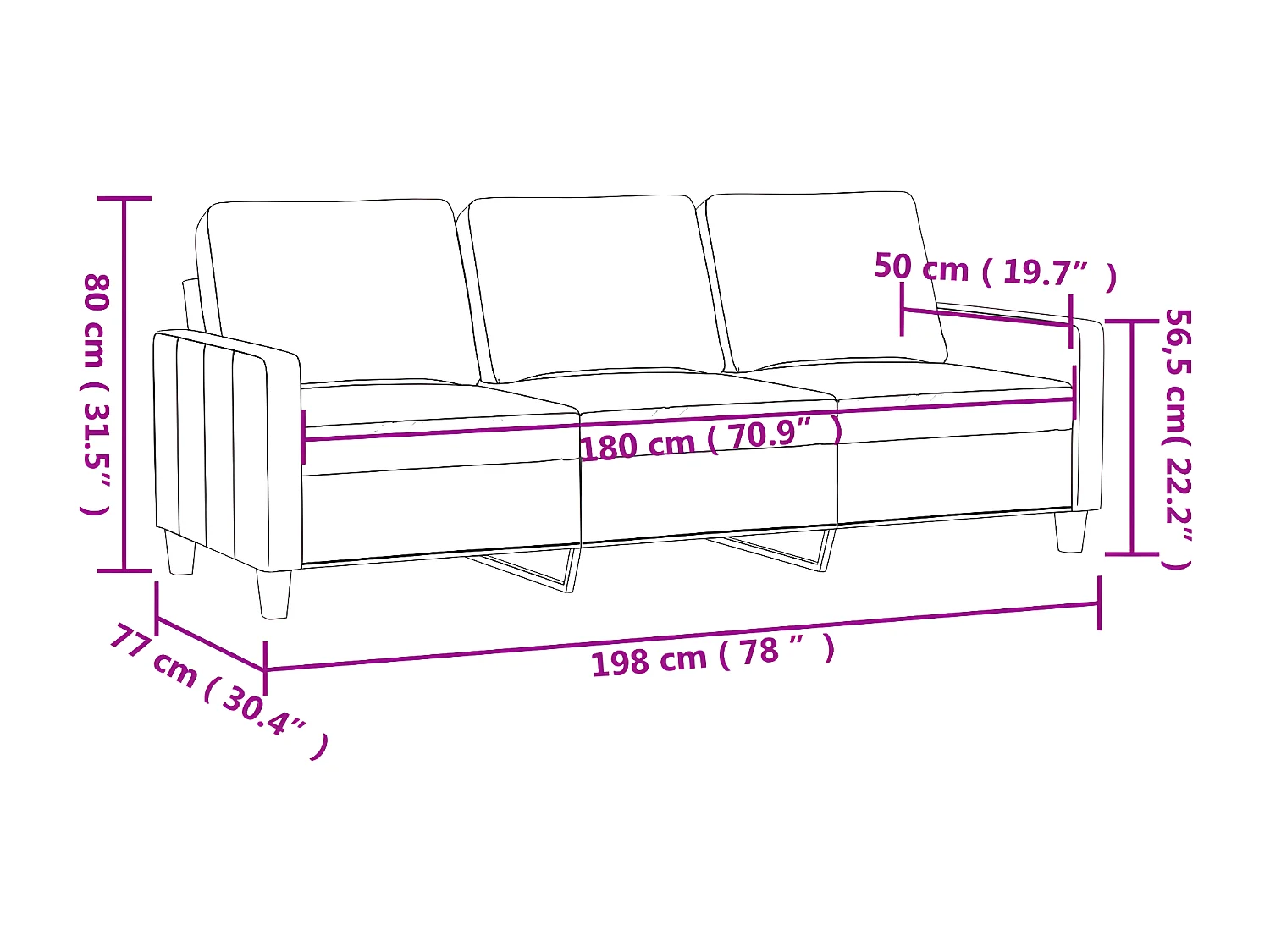 3-zitsbank Zwart 180 cm Stof