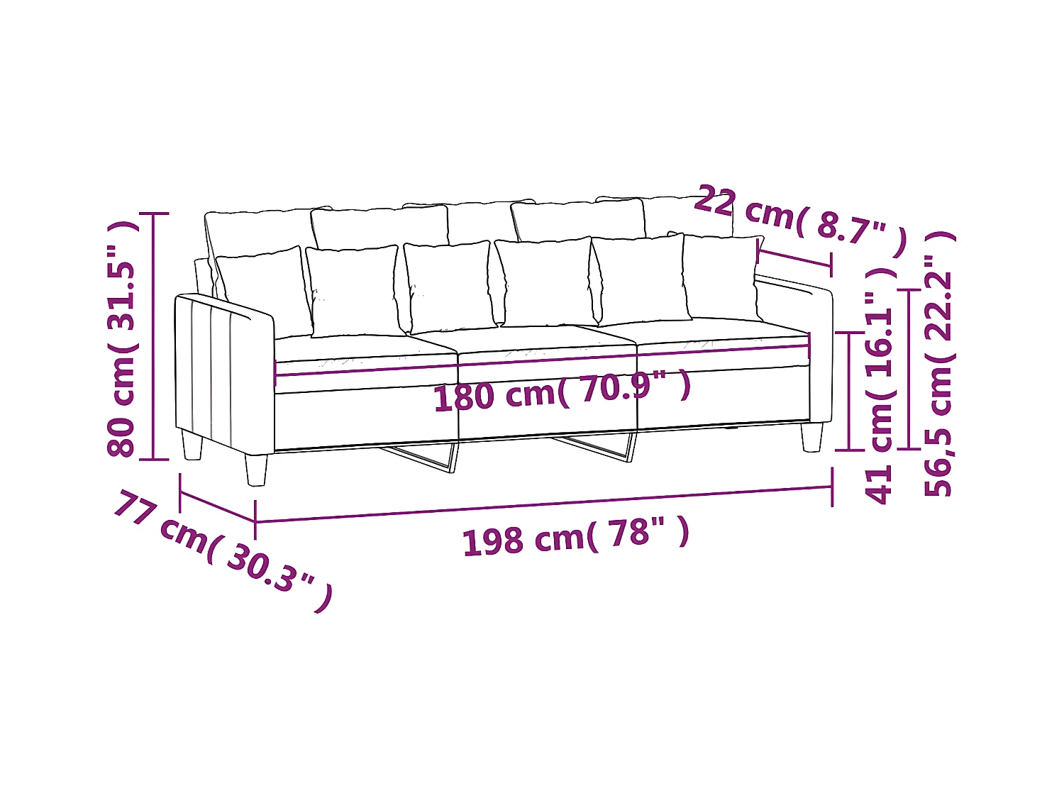 3-Sitzer-Sofa Schwarz 180 cm Stoff