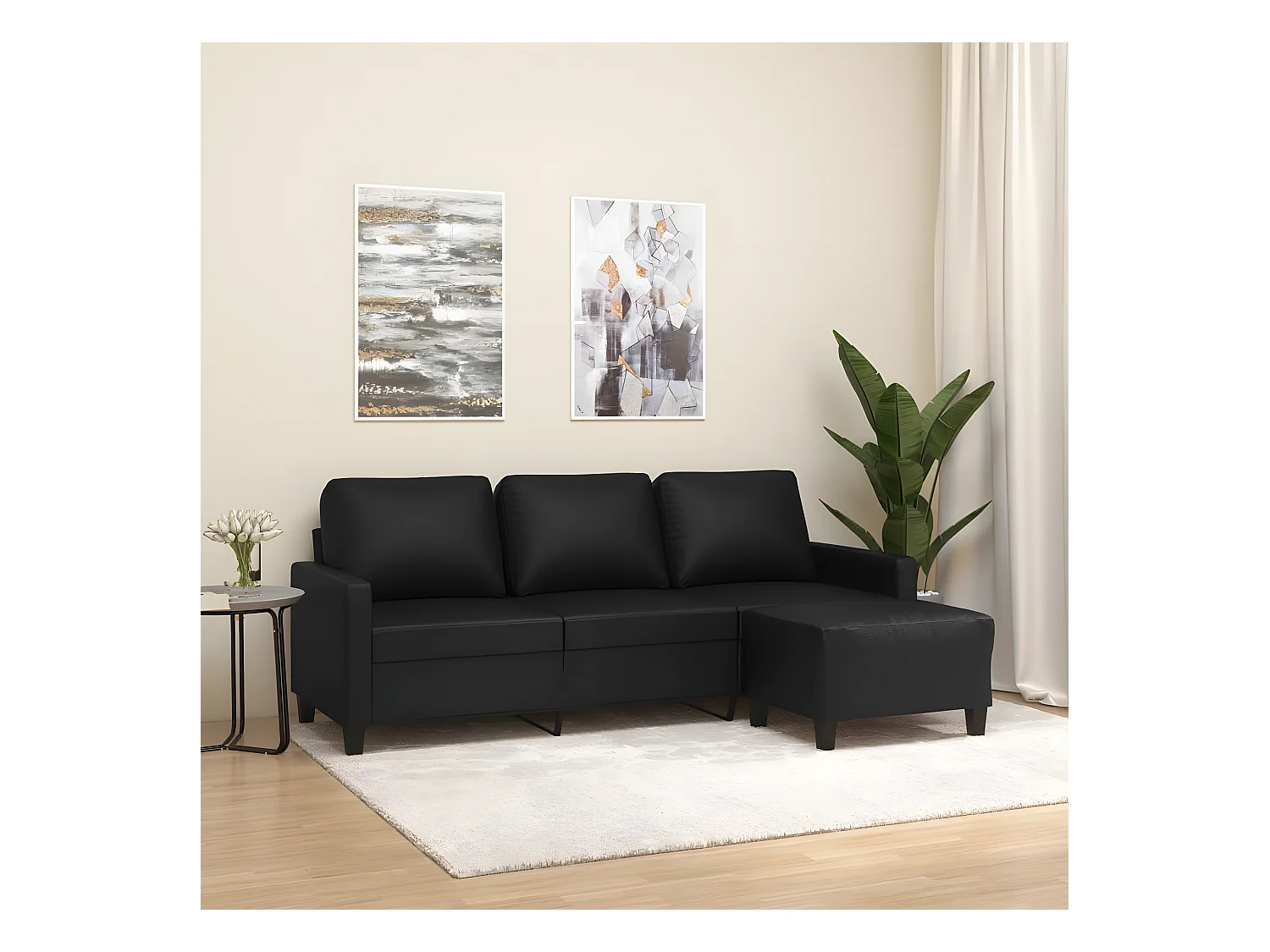 Canapé à 3 places avec repose-pieds Noir 180 cm Similicuir
