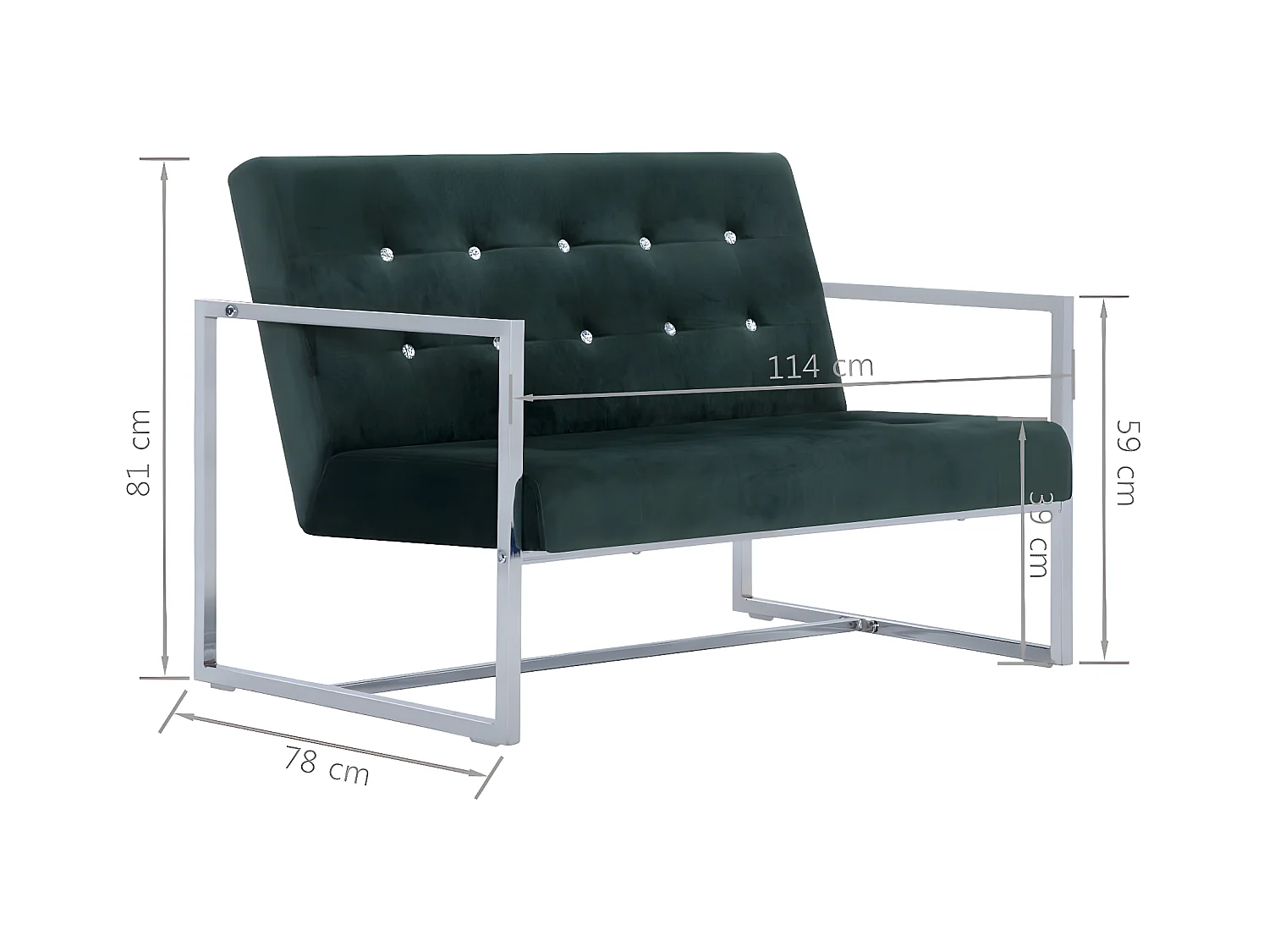 Canapé 2 places avec accoudoirs Vert foncé Chrome et velours