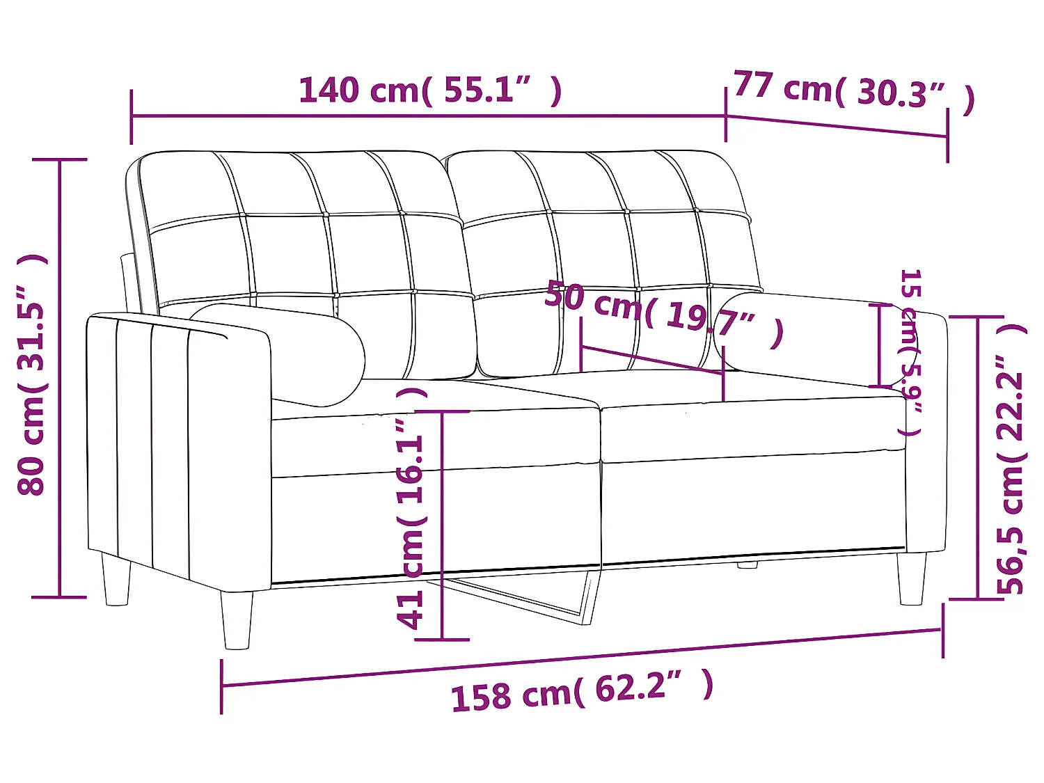 Divano 2 posti con cuscini in tessuto grigio chiaro 140 cm