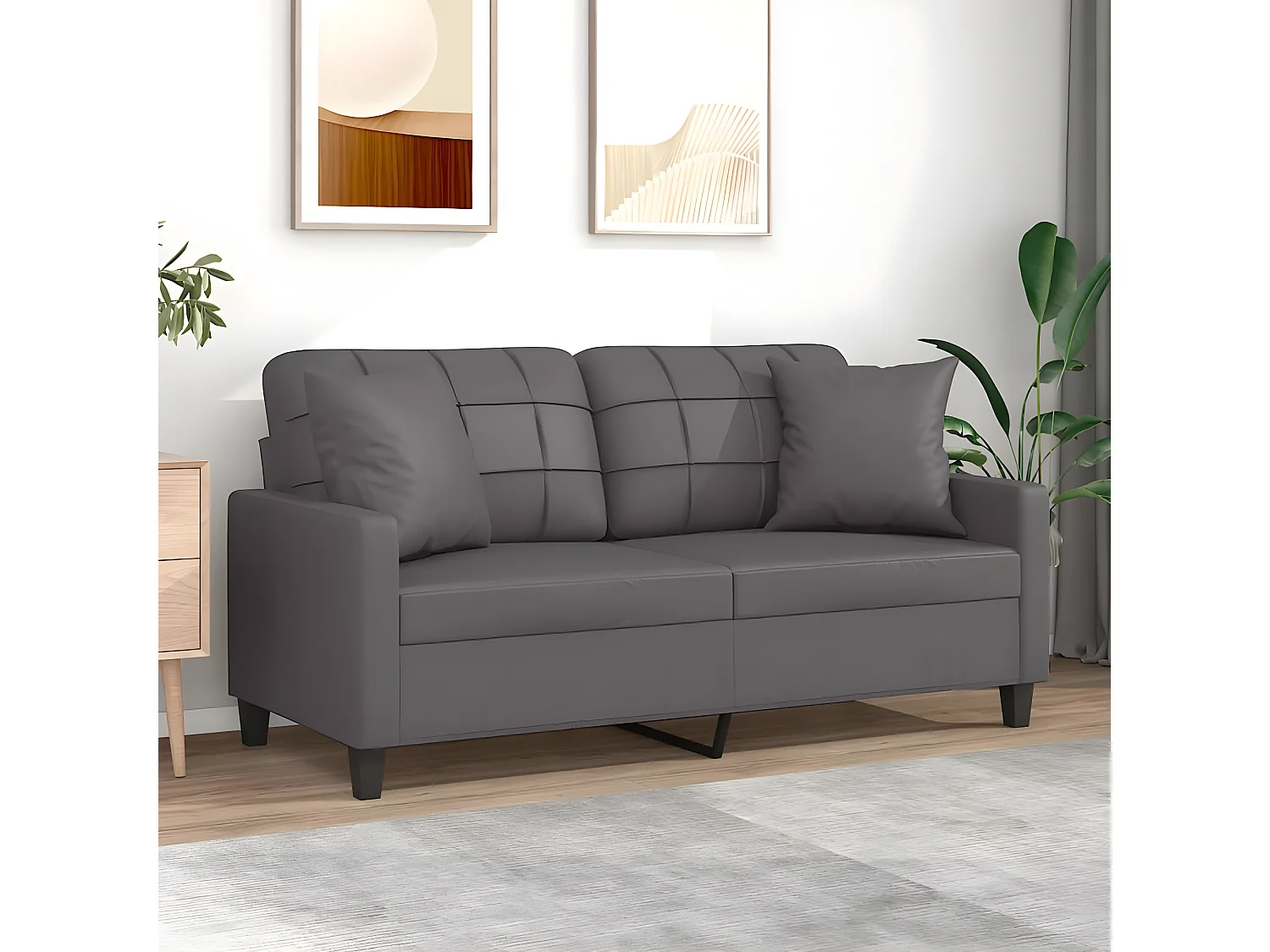 Divano 2 posti con cuscini decorativi grigi 140 cm in ecopelle